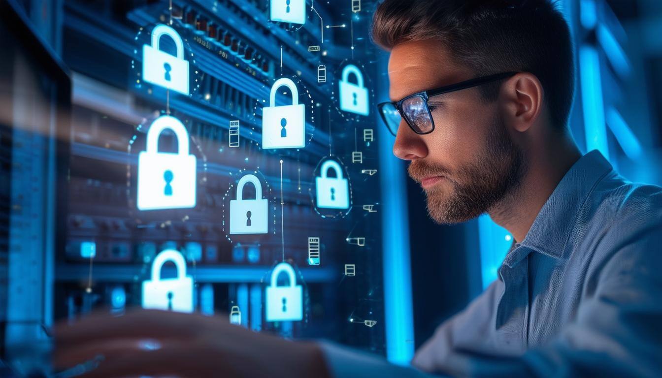 IT technician performing a cybersecurity assessment on a computer, with lock icons symbolizing secure data protection.