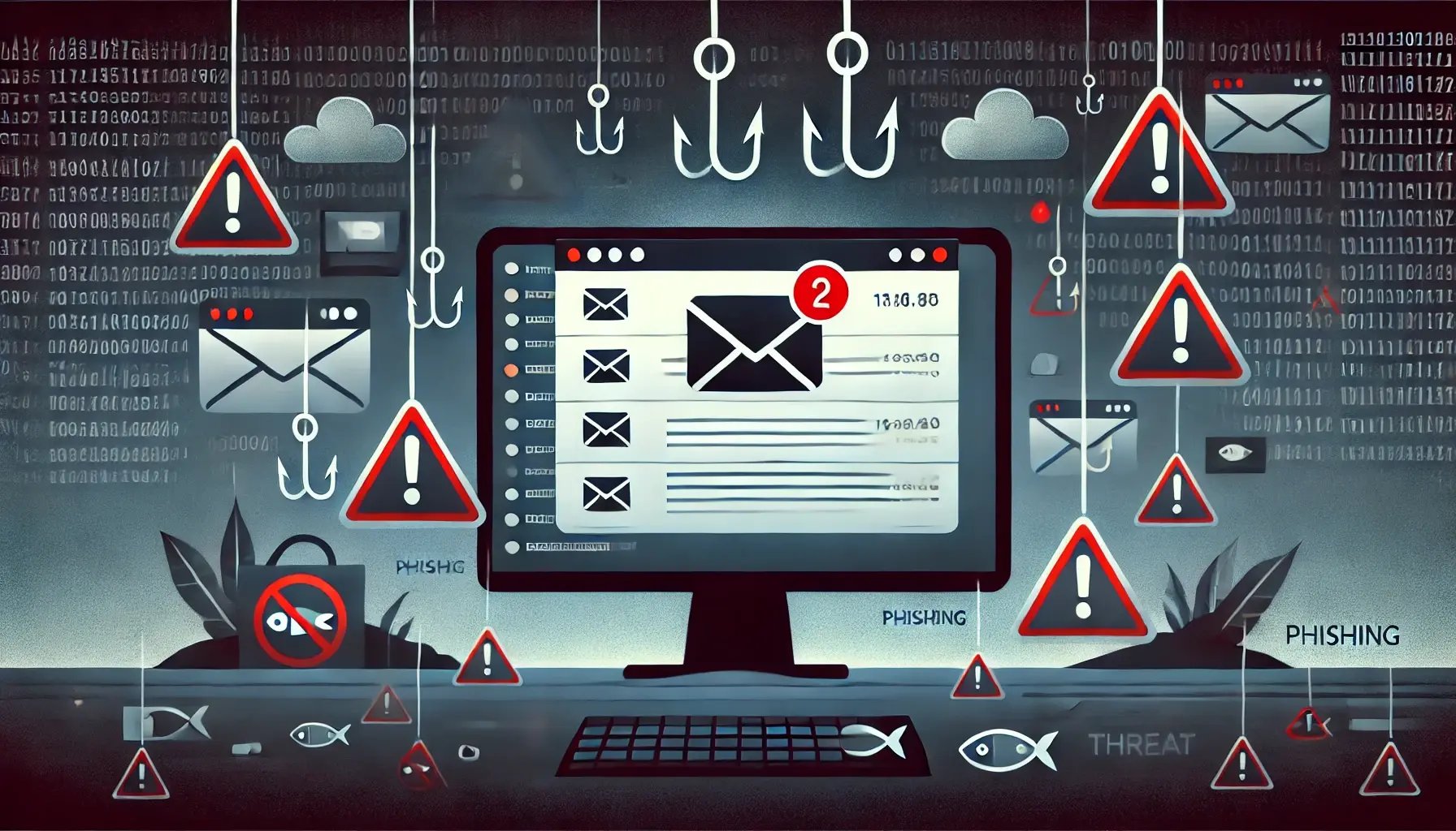 Phishing email scam with alerts and warning icons, highlighting cybersecurity risks.