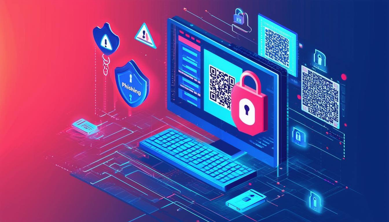 Cybersecurity illustration featuring a computer, lock icons, QR codes, and phishing alerts—emphasizing protection from cyberattacks and scams for small businesses.